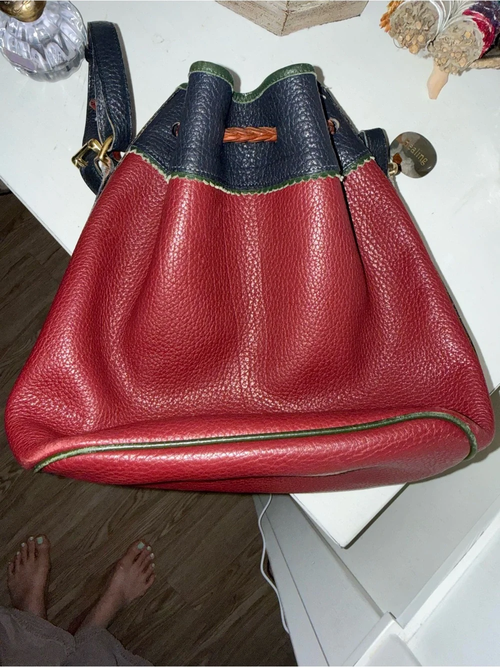 Very RARE Dooney & Bourke Burgundy Bucket Bag with Green Trim and Brown Accents